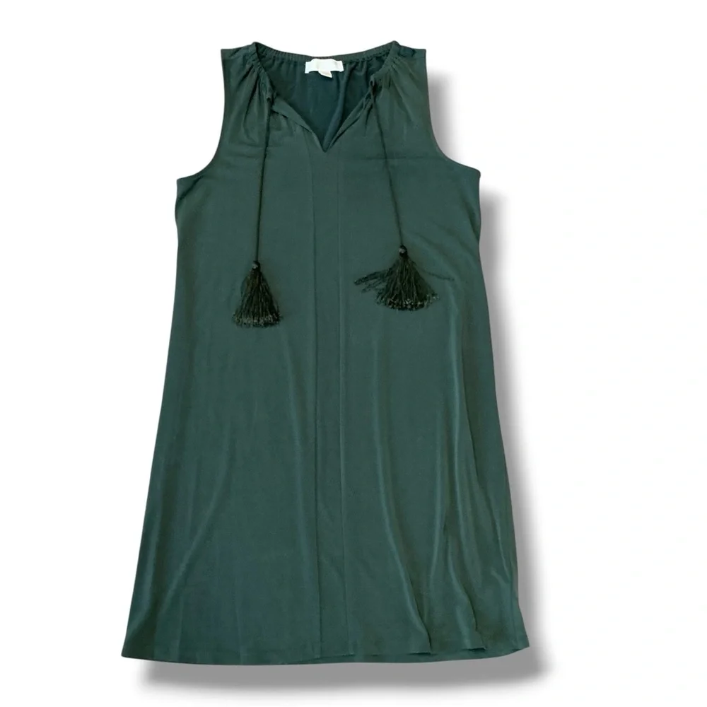 Michael Kors Olive Green Sleeveless V-Neck Dress with Tassel Tie